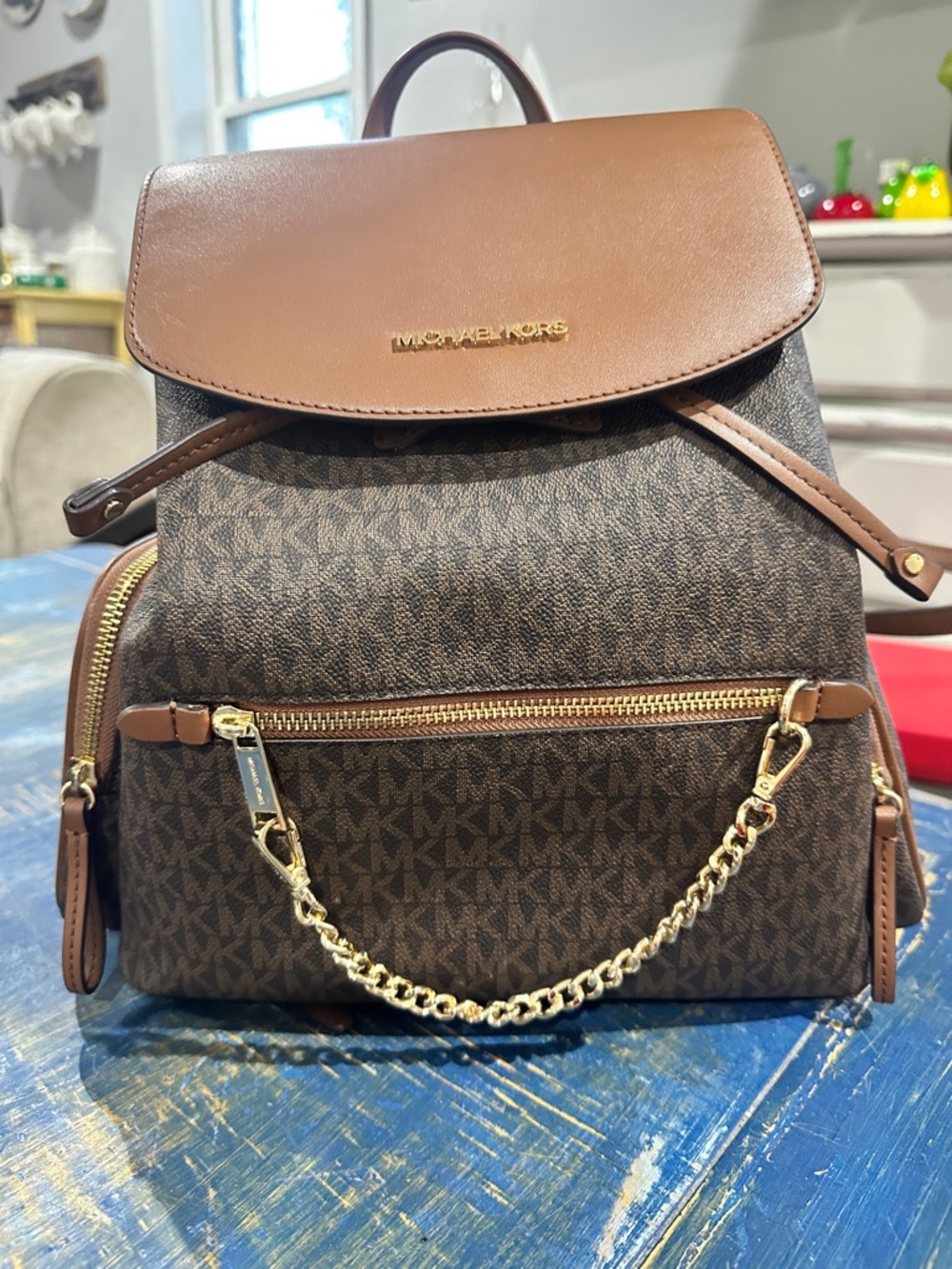 Michael Kors Brown MK Logo Leather-Trim Backpack with Gold Chain